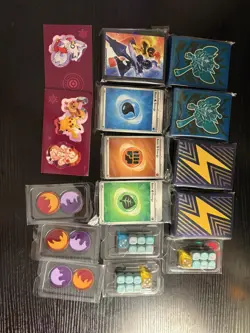 Pokemon TCG Lot of ETB Sleeves, Dice, Energy cards, coins, stickers - Image 1