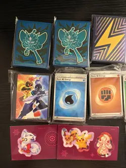 Pokemon TCG Lot of ETB Sleeves, Dice, Energy cards, coins, stickers - Image 2