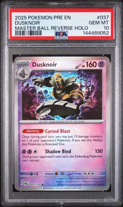2025 POKEMON PRISMATIC EVOLUTIONS DUSKNOIR MASTER BALL REVERSE HOLO #037 PSA 10 - Image 1