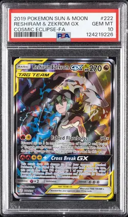 2019 POKEMON SUN & MOON COSMIC ECLIPSE #222 FULL ART/RESHIRAM & ZEKROM GX PSA 10 - Image 1