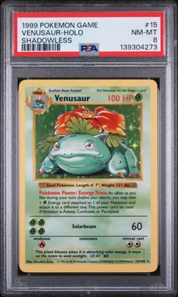 1999 POKEMON GAME SHADOWLESS #15 VENUSAUR-HOLO PSA 8 - Image 1