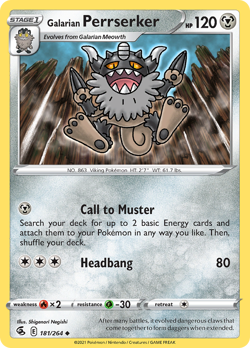 Galarian Perrserker 181/264 Uncommon Fusion Strike Pokemon NM - Image 1