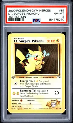 2000 Pokemon Gym Heroes - Lt. Surge's Pikachu 1st Edition 81/132 PSA 8 - Image 1