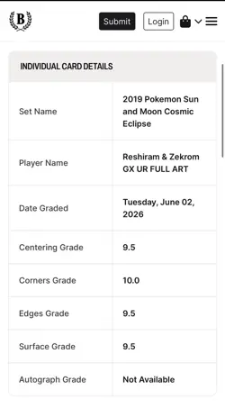 2019 Pokemon Reshiram & Zekrom GX 222/236 UR Full Art Holo BGS 9.5 - Image 2