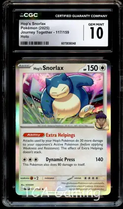 CGC 10 GEM MINT Hop's Snorlax 117/159 HOLO RARE Journey Together Pokemon Card 48 - Image 1