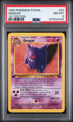 1999 Pokemon Fossil #20 Gengar 1st Edition PSA 8 - Image 1
