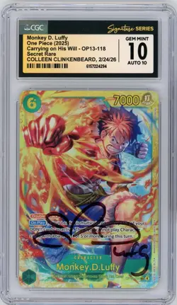 CGC Gem Mint 10 Auto 10 Colleen Clinkenbeard Signed Monkey.D.Luffy OP13-118 Foil - Image 1