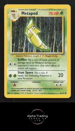 Metapod 54/102 Common Base Set Unlimited Pokemon LP 4th Print 1999-2000 - Image 1