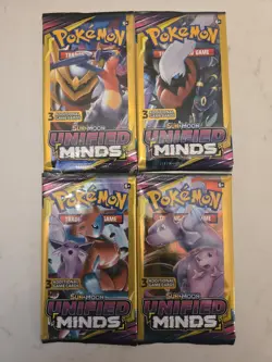 Pokemon TCG Sun & Moon Unified Minds 3-Card Sealed 4 Booster Pack Full Art Set - Image 1