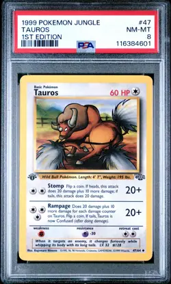 PSA 8 NM/MT 1999 POKEMON JUNGLE #47 TAUROS 1ST EDITION ENGLISH - Image 1