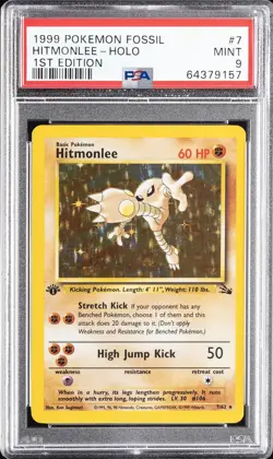 1999 POKEMON FOSSIL 1ST EDITION #7 HITMONLEE-HOLO PSA 9 - Image 1