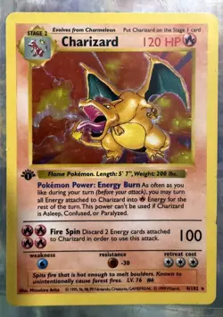 1st Edition Shadowless Charizard 4/102 Base Set Holo Pokemon Card - Image 1