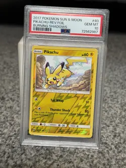 PSA 10 Pikachu 40/147 2017 Burning Shadows Sun & Moon Reverse Foil - Image 1