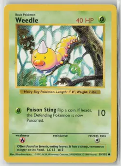 Weedle 69/102 Common Base Set Shadowless Pokemon Unlimited Moderately Played - Image 1