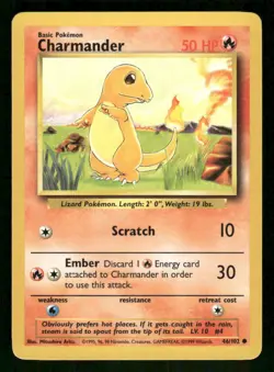 Charmander 46/102 Common Base Set Unlimited Pokemon Near Mint - Image 1