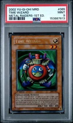 2002 YU-GI-OH! MRD-METAL RAIDERS 1ST EDITION #065 TIME WIZARD PSA 9 - Image 1