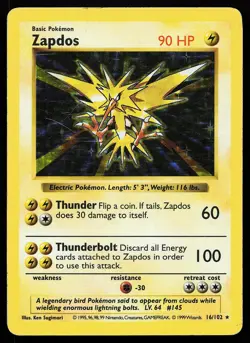 Zapdos 16/102 Holo Rare Base Set Shadowless Pokemon Card - Image 1