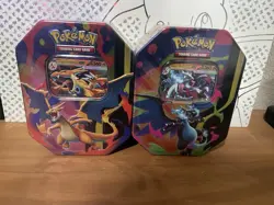 Pokemon TCG Mega Charizard X + Y ex Sealed Tin Bundle Lot Set Of 2 In Hand - Image 1