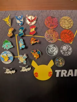 Pokemon Enamel Pin And Coin Lot 14 Pins And 7 Coins Pikachu Eeveeloution Others - Image 1