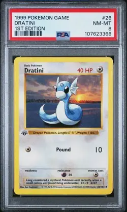 1999 POKEMON GAME BASE SET #26 DRATINI 1ST EDITION SHADOWLESS PSA 9 NM-MT - Image 1