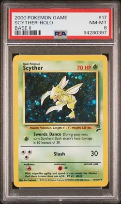 2000 POKEMON GAME BASE II #17 SCYTHER-HOLO BASE II PSA 8 NEAR MINT-MINT - Image 1