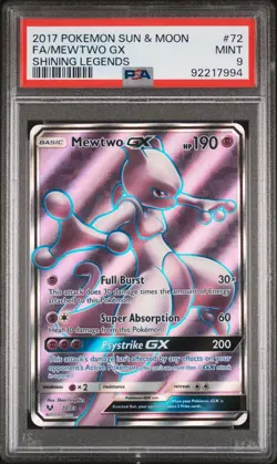 PSA 9 MINT 2017 POKEMON SUN & MOON SHINING LEGENDS 72 FULL ART/MEWTWO GX - Image 1