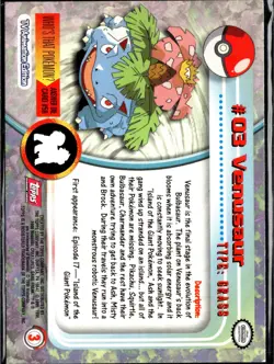1999 Topps Pokemon TV Animation Edition Series 1 #3 Venusaur Red Topps Logo - Image 2