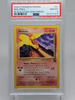 2000 Pokemon Moltres Black Star Promo Aoki Error #21 Wizards of the Coast PSA 8 - Image 1