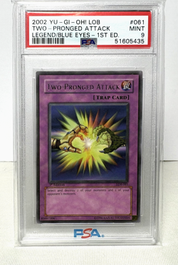 2002 YuGiOh TWO-PRONGED ATTACK 1st Edition PSA 9 LOB-061 The Legend of Blue-Eyes - Image 1