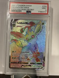 Pokemon Leafeon VMAX Holo Card Evolving Skies 204/203 Secret Rainbow Rare PSA 9 - Image 1
