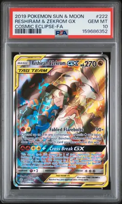 2019 POKEMON SUN & MOON COSMIC ECLIPSE #222 FULL ART/RESHIRAM & ZEKROM GX PSA 10 - Image 1