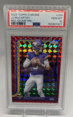 2025 Topps Chrome JJ McCarthy #199 Red Geometric /5 PSA 10 MN VIKINGS POP 1 SSP - Image 1
