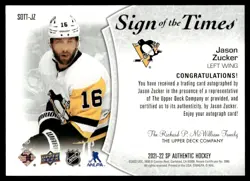 2021-22 SP Authentic Sign of the Times Jason Zucker Auto Pittsburgh Penguins - Image 2