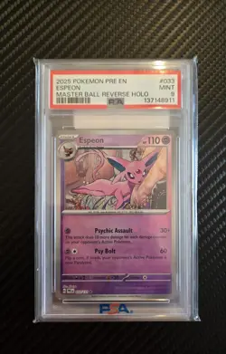 PSA 9 Espeon 033/131 Prismatic Evolutions Master Ball Reverse Holo Rare 2025 - Image 1