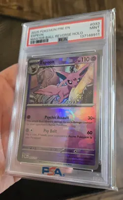 PSA 9 Espeon 033/131 Prismatic Evolutions Master Ball Reverse Holo Rare 2025 - Image 2
