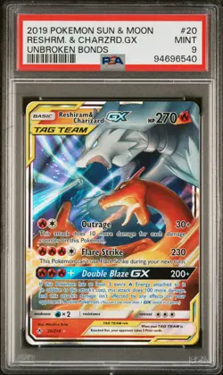 2019 POKEMON SUN & MOON UNBROKEN BONDS #20 RESHIRAM & CHARIZARD GX PSA 9 - Image 1