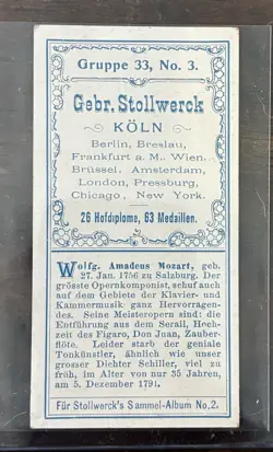 1898 Stollwerck Chocolates Album 2 #3 Food Issue Wolfgang Amadeus Mozart - Image 2
