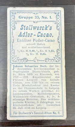 1898 Stollwerck Chocolates Album 2 #1 Food Issue Johann Sebastian Bach - Image 2