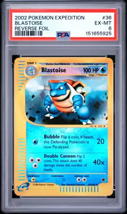 2002 POKEMON EXPEDITION #36 BLASTOISE-REVERSE FOIL PSA 6 - Image 1