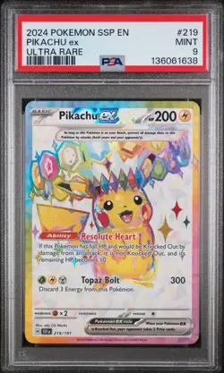 2024 Pokemon Surging Sparks Pikachu ex #219 Ultra Rare PSA 9 MINT - Image 1