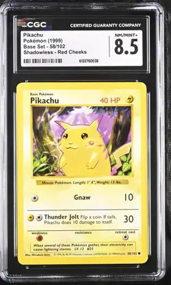 CGC 8.5 NM/MINT+ Pikachu 58/102 Shadowless Red Cheeks Base Set Pokemon Card - Image 1