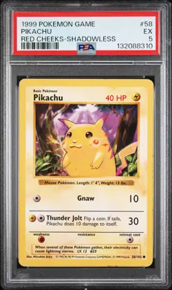 1999 POKEMON BASE SET SHADOWLESS RED CHEEKS-#58 PIKACHU PSA 5 - Image 1