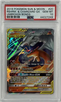 2019 Pokemon Sun Moon Unbroken Bonds Charizard Reshiram Tag Team #20 PSA 10 - Image 1