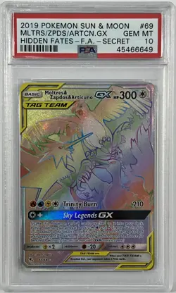 2019 Pokemon Sun & Moon Moltres Zapdos Articuno GX Rainbow 69/68 Secret PSA 10 - Image 1