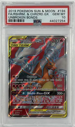 2019 Pokemon Sun Moon Unbroken Bonds Charizard Reshiram GX #194 Full Art PSA 10 - Image 1