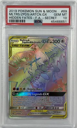 2019 Pokemon Sun & Moon Moltres Zapdos Articuno GX Rainbow 69/68 Secret PSA 10 - Image 1