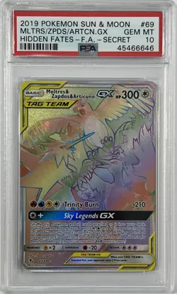 2019 Pokemon Sun & Moon Moltres Zapdos Articuno GX Rainbow 69/68 Secret PSA 10 - Image 1