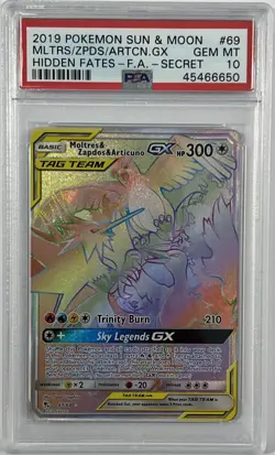 2019 Pokemon Sun & Moon Moltres Zapdos Articuno GX Rainbow 69/68 Secret PSA 10 - Image 1