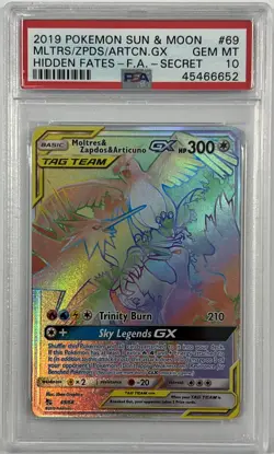 2019 Pokemon Sun & Moon Moltres Zapdos Articuno GX Rainbow 69/68 Secret PSA 10 - Image 1