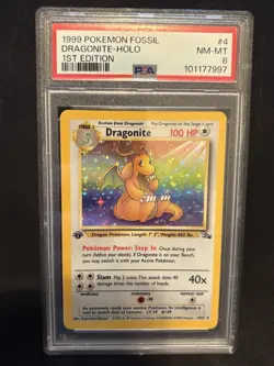 1999 POKEMON FOSSIL 1ST EDITION #4 DRAGONITE-HOLO PSA 8 - Image 1